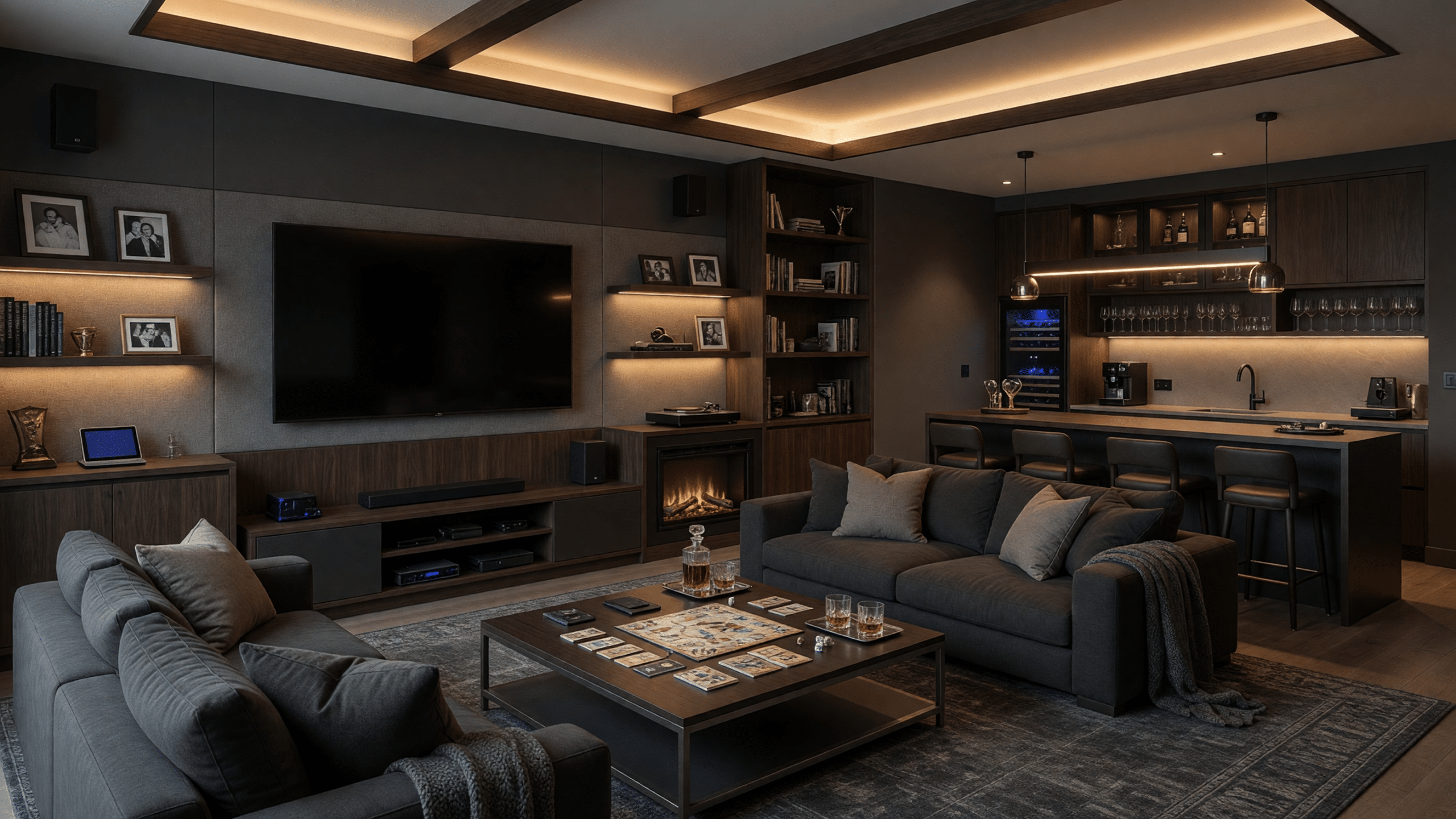 Salón de ocio familiar privado con juegos y pantalla gigante
