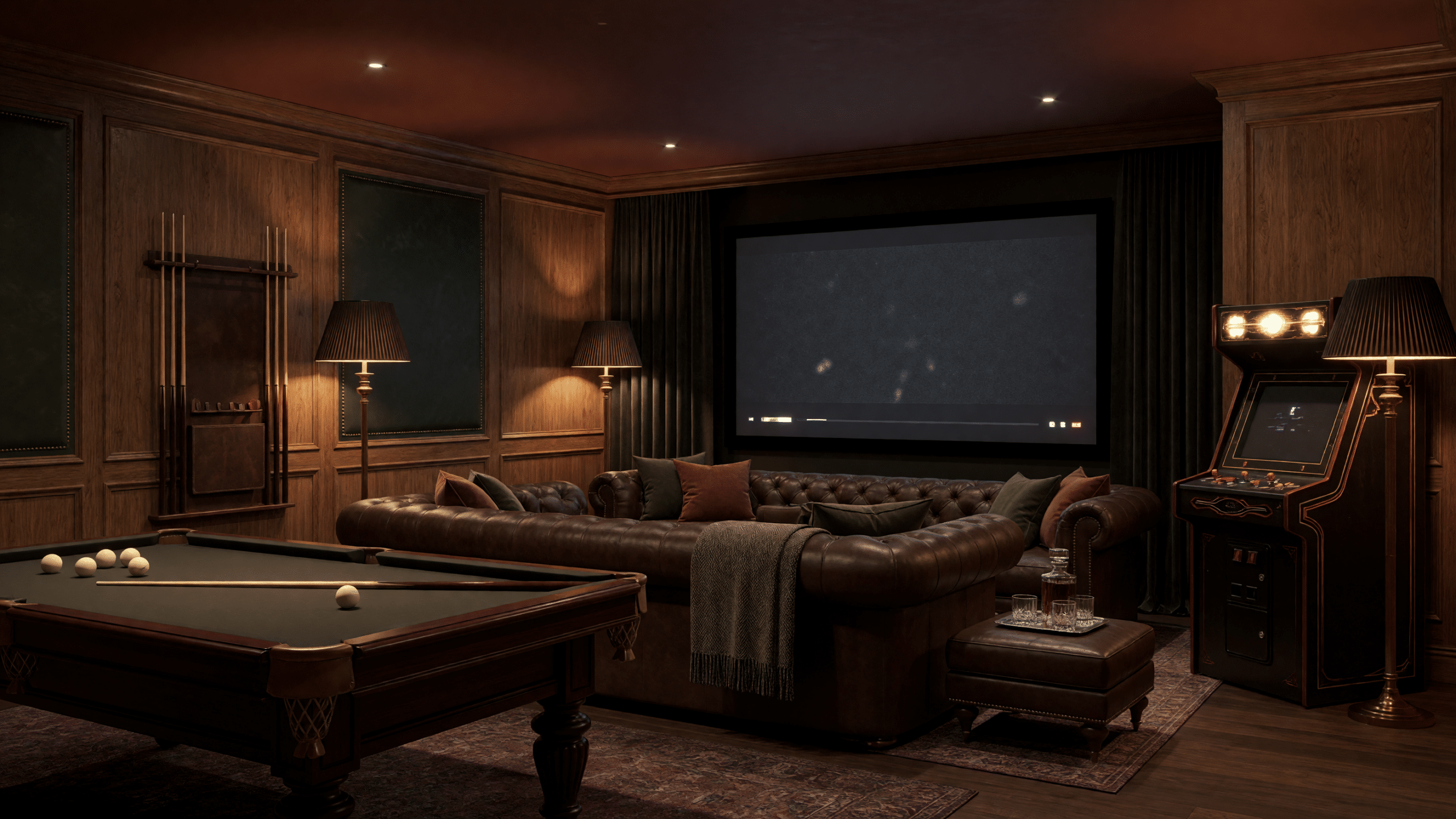 Salón de ocio familiar privado con cine, lounge y juegos