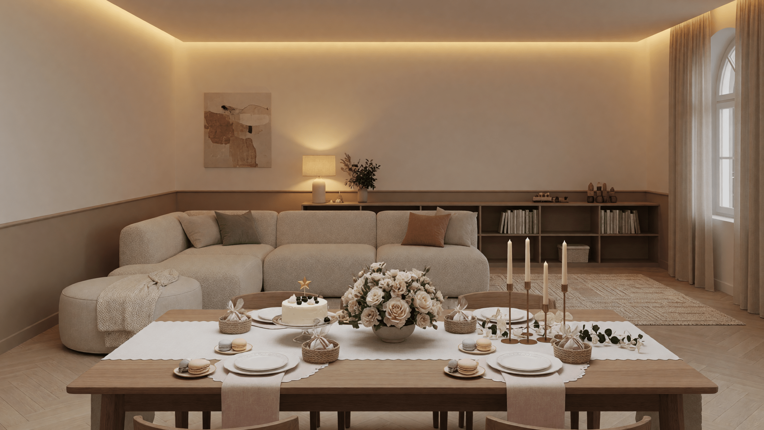 Espacio de ocio familiar privado con decoración moderna y zona de juegos.