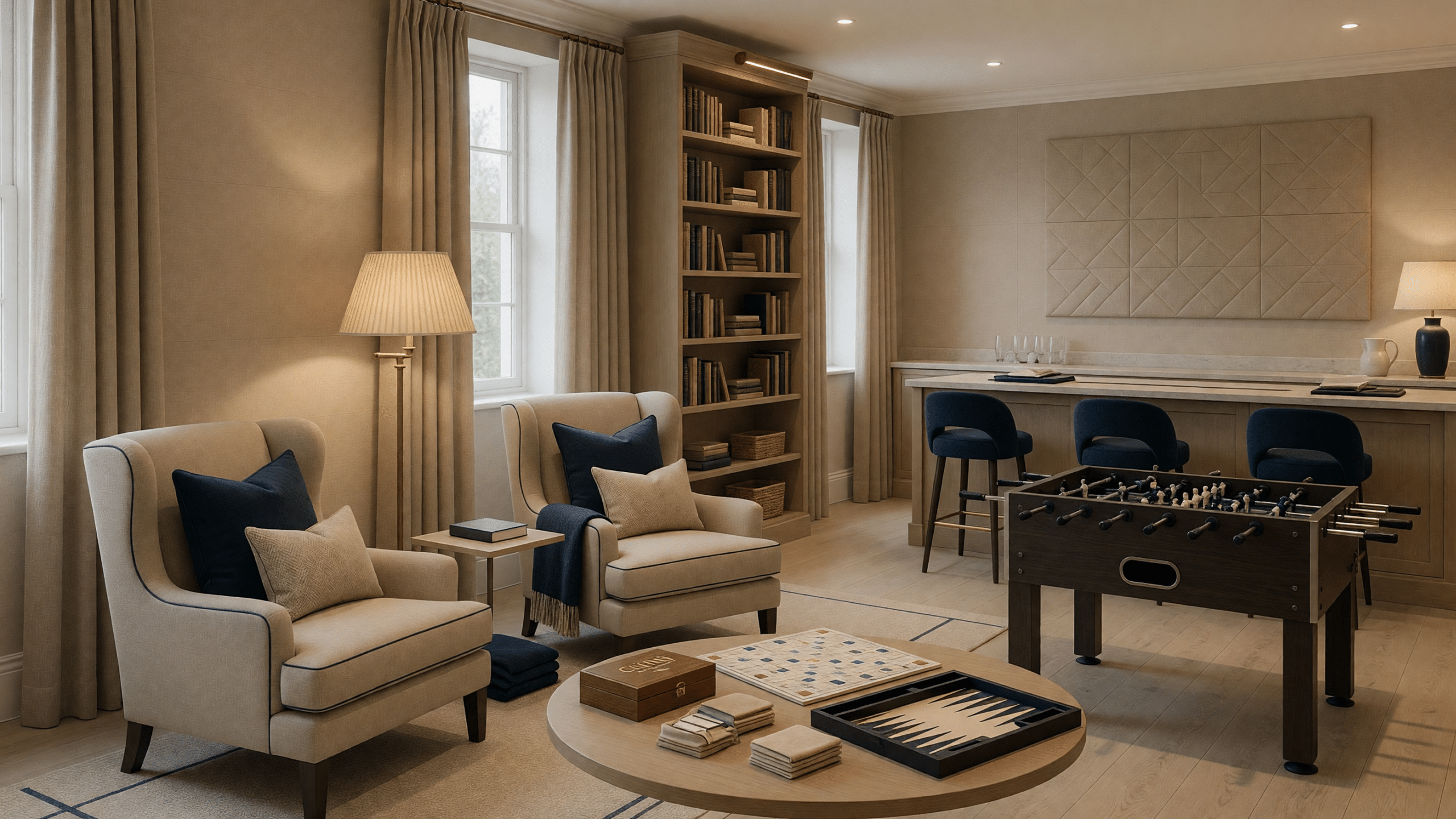 Salón de ocio familiar privado con diseño sobrio y cálido