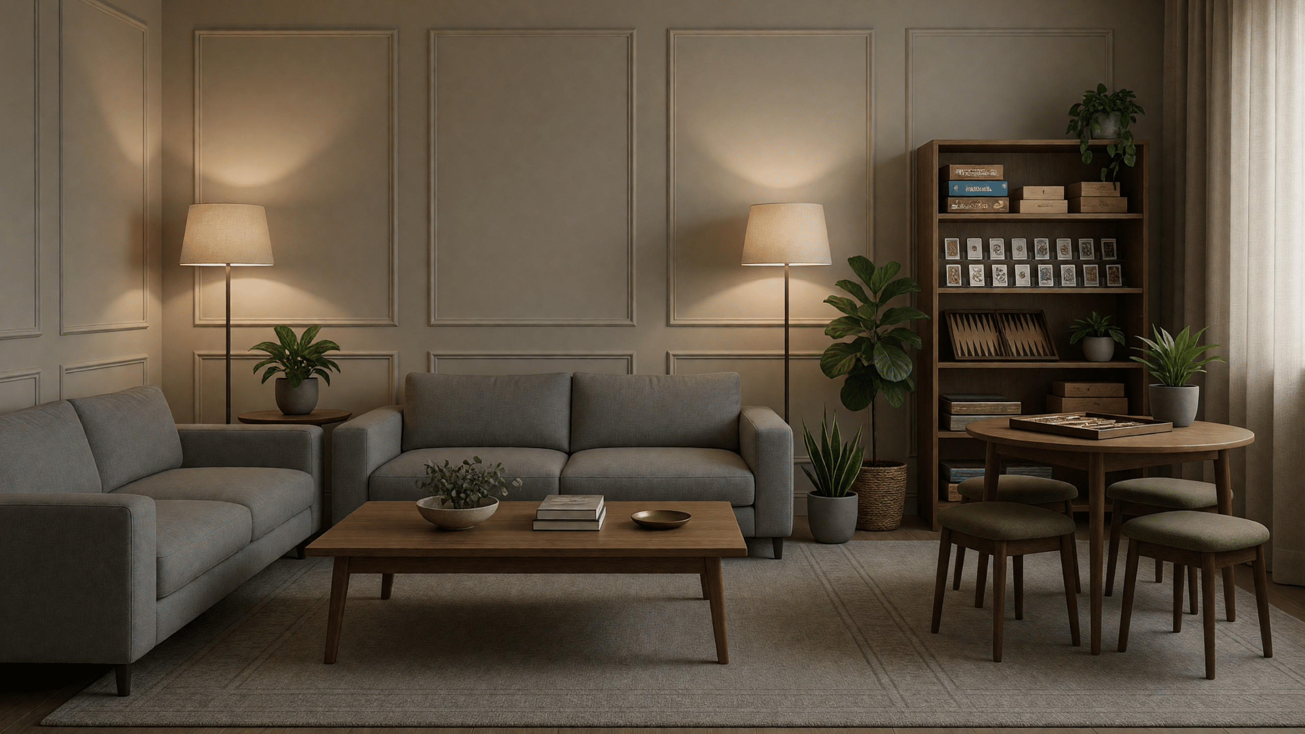 Salón privado de ocio familiar con ambiente acogedor y moderno