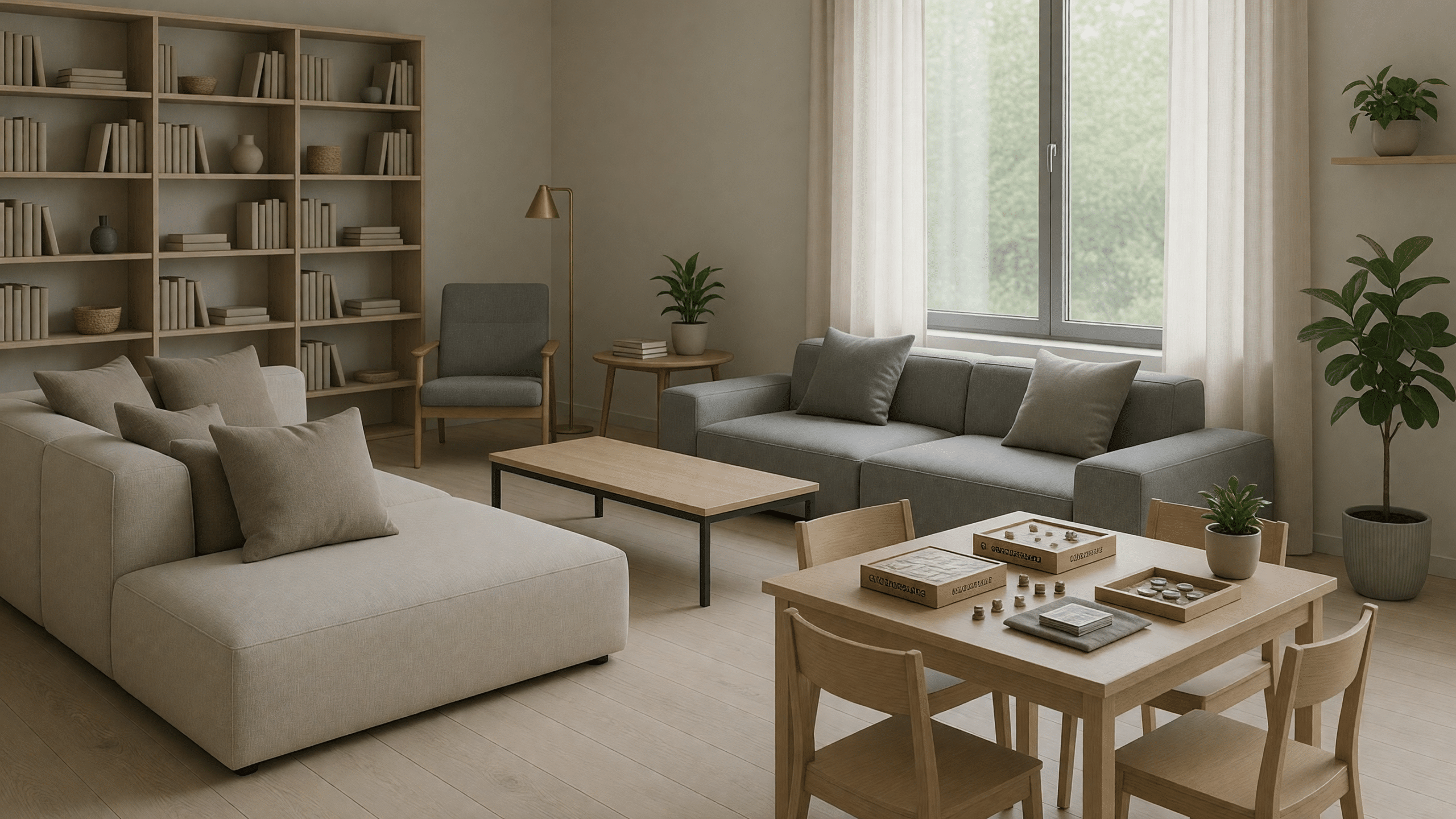 Salón de ocio familiar con diseño sobrio y funcional
